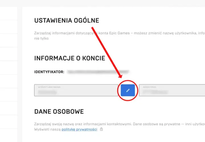 Ustawienia konta Epic Games. Kliknij ikonę edycji obok nazwy wyświetlanej, aby dowiedzieć się, jak zmienić nazwę w Fortnite.
