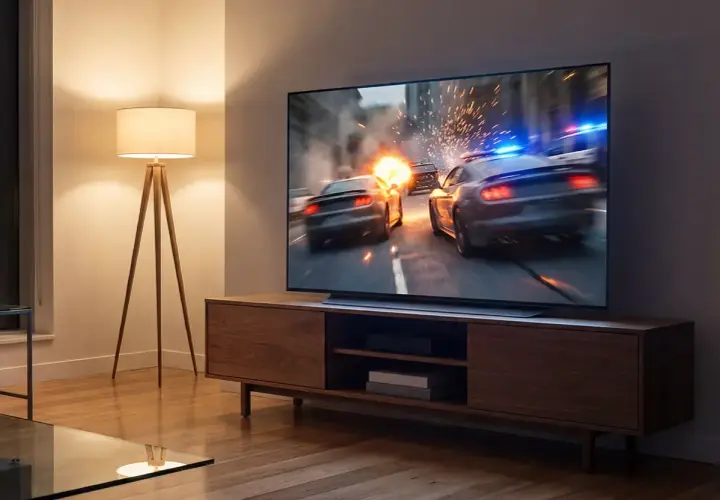 Na ekranie telewizora LG G4 65 cali dynamiczna scena pościgu samochodowego z wybuchami. Obok stoi lampa podłogowa.