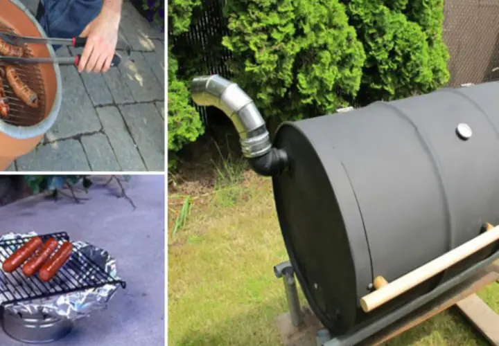 Collage de trois images : un barbecue improvisé avec des saucisses, un autre barbecue fait maison avec des saucisses sur une grille, et un grand barbecue cylindrique en métal, rappelant une jante de voiture.