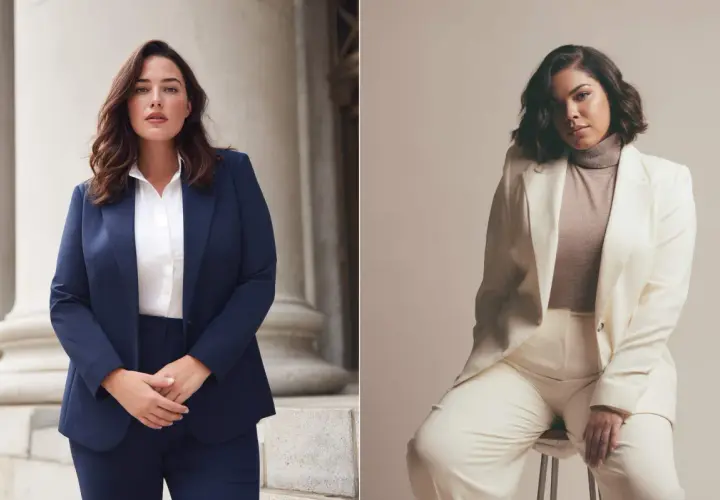 Dos mujeres lucen trajes elegantes, uno azul marino y otro crema, perfectos para un código de vestimenta business casual.