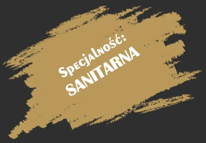 Biały napis "Specjalność: SANITARNA" na tle pociągnięć pędzla. To klucz do zdobycia uprawnień budowlanych sanitarnych.