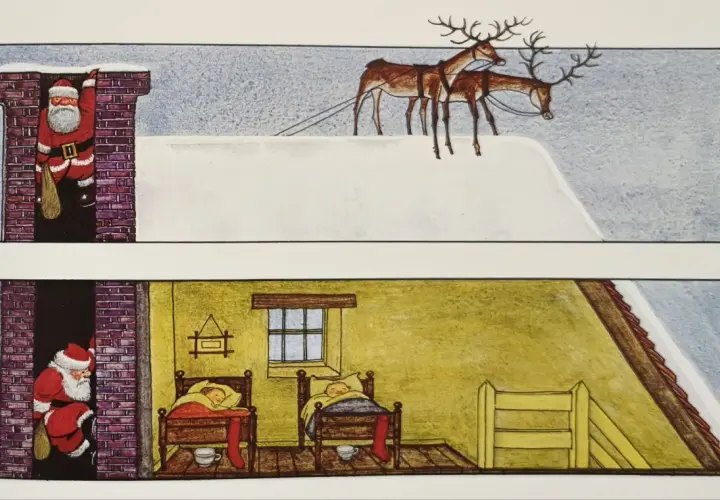 Babbo Natale scende dal camino, mentre le renne aspettano sul tetto innevato. Chissà se i bambini sanno come si dice Babbo Natale in inglese!