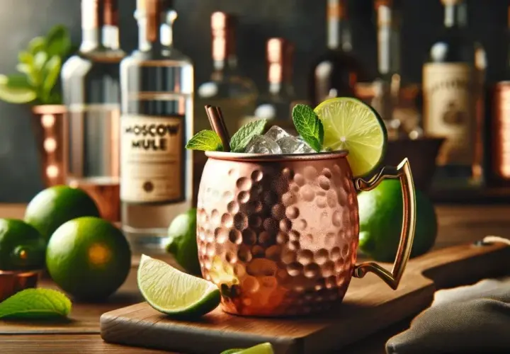 Orzeźwiający Moscow Mule w miedzianym kubku, ozdobiony limonką i miętą, na tle butelek z alkoholem.