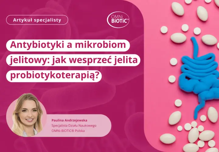 Model jelit z plasteliny otoczony tabletkami, na tle różowym i różowych bakterii.