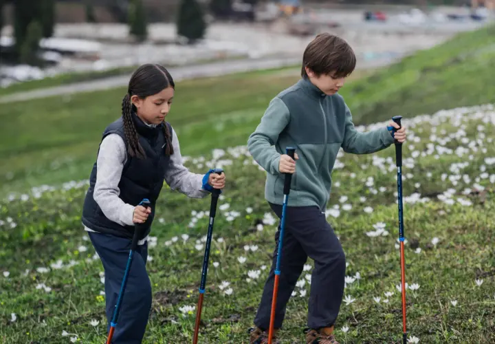 Dzieci z kijkami trekkingowymi idą przez kwitnącą łąkę. W tle widać resztki śniegu, co sugeruje wczesną wiosnę w Tatrach zimą z dzieckiem.