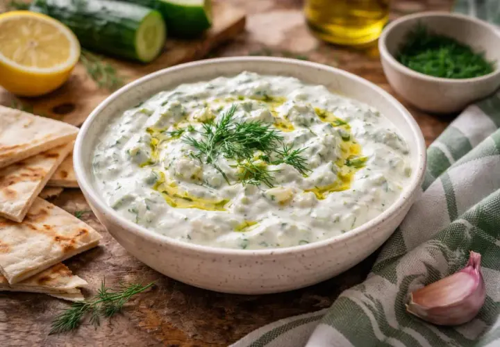 Un bol de tzatziki crémeux, garni d'aneth frais et d'huile d'olive. Parfait pour accompagner du pain pita, des concombres et du citron. Une recette facile à réaliser.