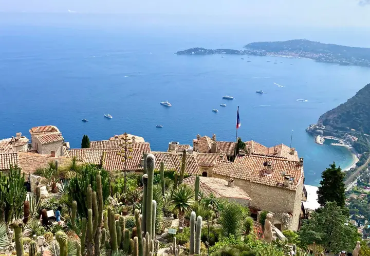 Ein malerischer Blick auf die **Côte d'Azur** mit einem Kakteengarten, alten Häusern und dem azurblauen Meer voller Yachten.