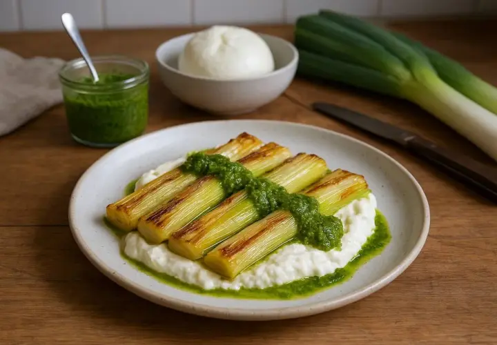 Puerros confitados, dorados y tiernos, servidos sobre una cama cremosa y rociados con salsa verde vibrante.
