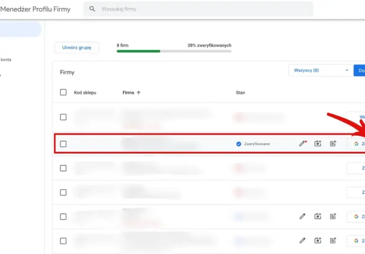 Widok panelu Google Menedżer Profilu Firmy. Zaznaczono wiersz firmy, aby pokazać, jak usunąć wizytówkę Google.