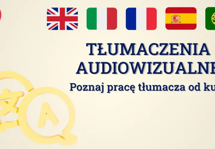 Tłumaczenia audiowizualne. Poznaj pracę tłumacza od kulis. Flagi UK, Włoch, Francji, Hiszpanii, Portugalii. Ikony tłumaczenia.