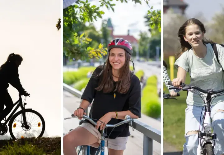 Trzy kobiety cieszą się jazdą na rowerze po Wrocławiu. Jedna z nich, w kasku, uśmiecha się do aparatu.