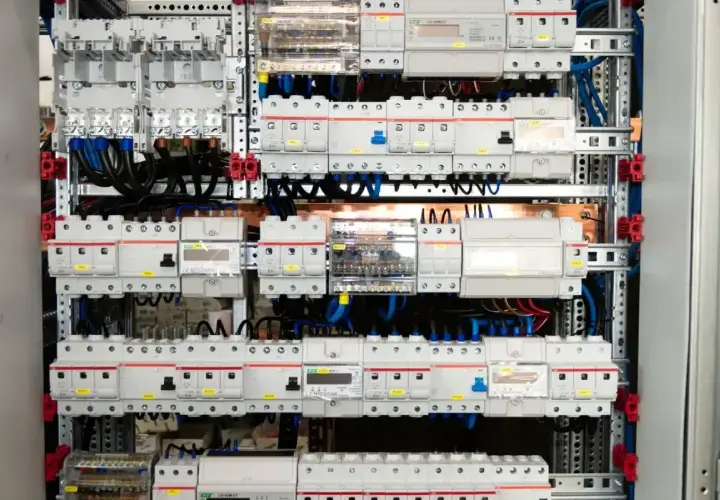 Wnętrze rozdzielni elektrycznej z licznymi wyłącznikami, bezpiecznikami i przewodami.