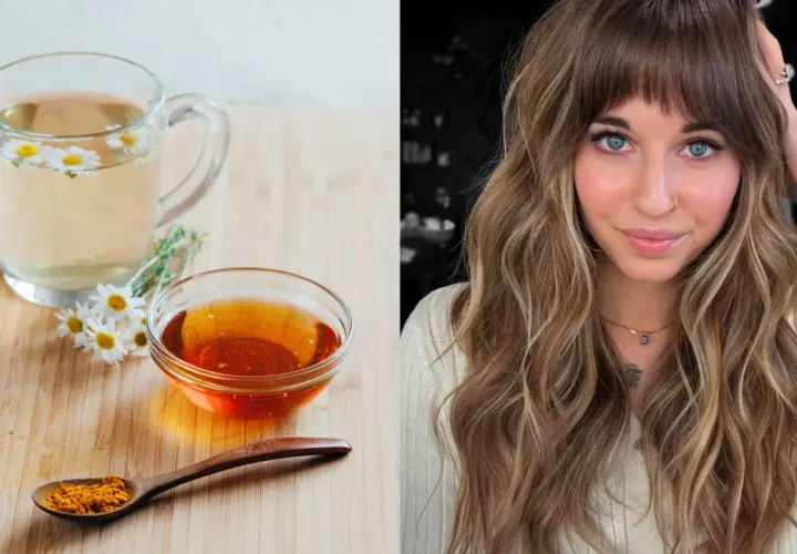 Té de manzanilla, miel y cúrcuma, ingredientes naturales para aclarar el pelo.