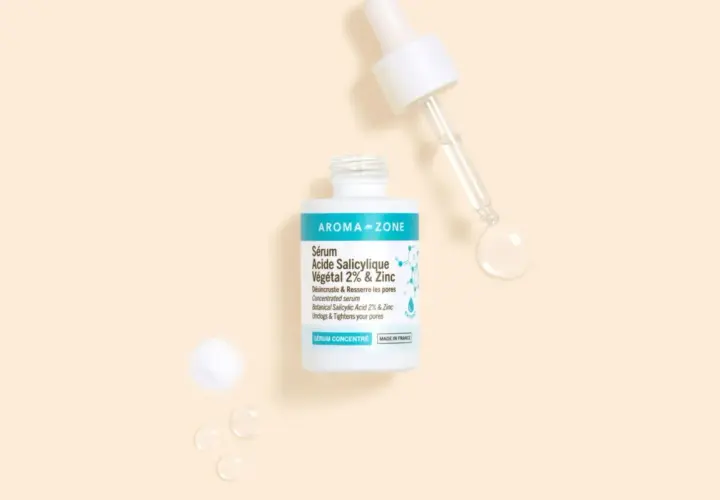 Sérum Aroma-Zone à l'acide salicylique végétal 2% & Zinc pour une peau nette. Une goutte de soin pour désincruster et resserrer les pores.