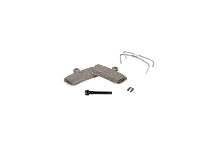 Two sintered brake pads, a bolt, and spring clips. These durable sintered brake pads offer superior stopping power.