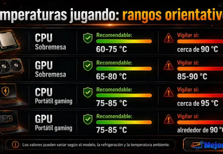 Rangos de temperatura para CPU y GPU en PC de sobremesa y portátiles gaming, indicando los tipos de calor recomendables y a vigilar.