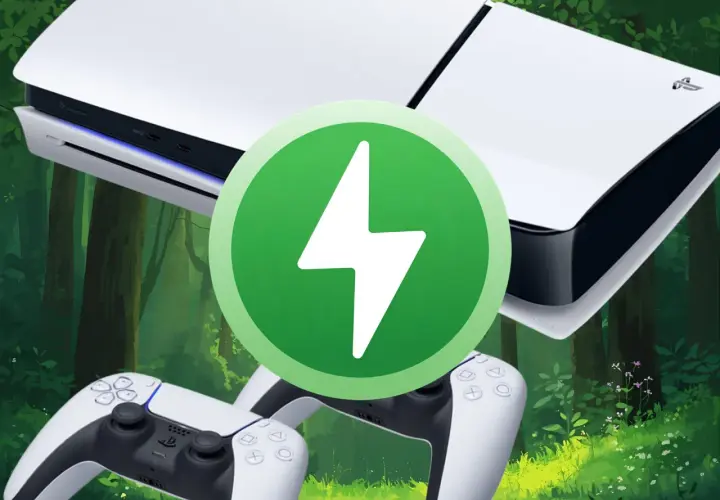 Konsola PS5 Digital i dwa kontrolery na tle lasu, z zieloną ikoną błyskawicy.