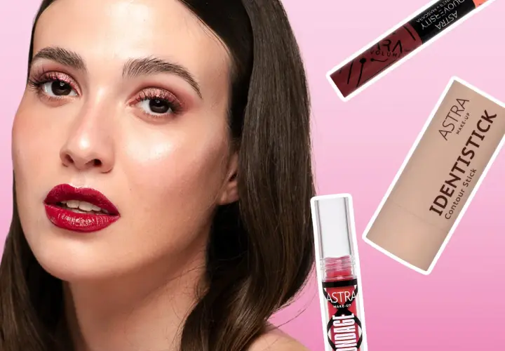 Labbra rosse e occhi scintillanti per un perfetto trucco per San Valentino. Prodotti Astra Make-up in primo piano.
