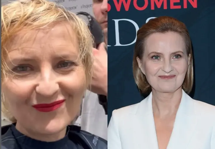 Izabela Kuna młoda, w trakcie stylizacji fryzury i elegancka w białej marynarce.