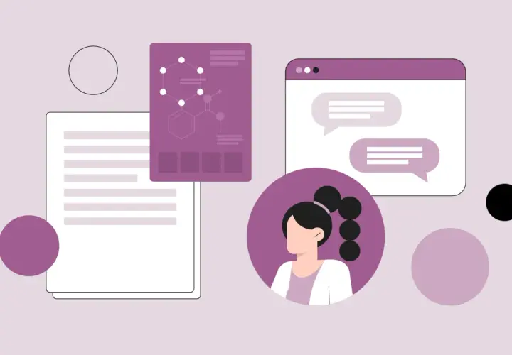 Illustrazione di una donna con laurea in medicina che esplora lavori alternativi, con grafici scientifici e chat.