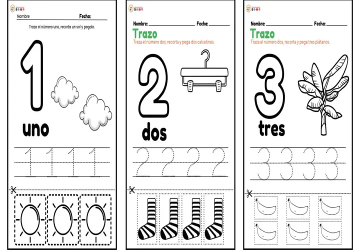 Fichas matemáticas infantiles para aprender los números 1, 2 y 3. Incluyen trazos, recortes y pegado de soles, calcetines y plátanos.