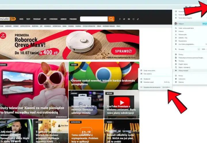 Zrzut ekranu z menu przeglądarki Chrome, gdzie widać opcję "Narzędzia dla deweloperów".