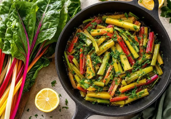Poêlée colorée de blettes, une recette simple et savoureuse. Les côtes multicolores sont coupées et cuites avec des herbes et un filet de citron.