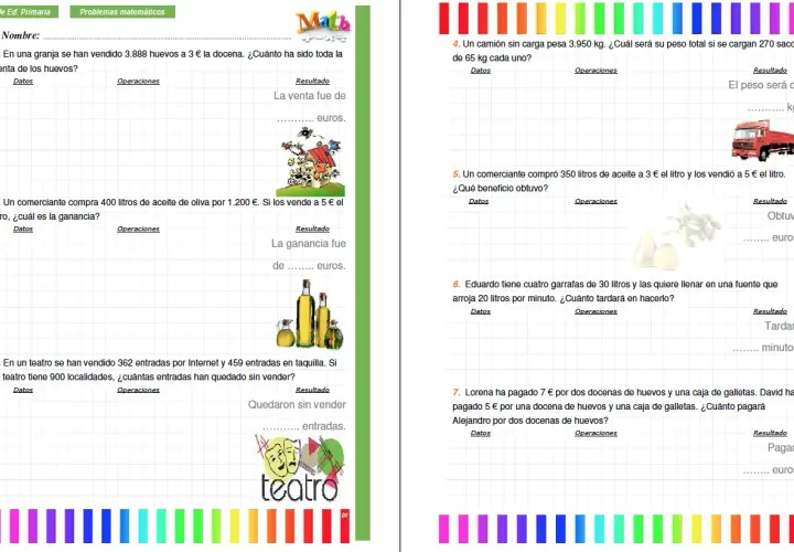 Problemas matemáticos de 6º de Primaria: cálculo de ventas, ganancias, entradas y pesos.