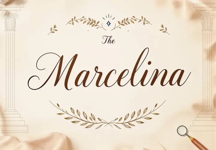 Elegancka grafika z napisem "The Marcelina" i ozdobnymi gałązkami.