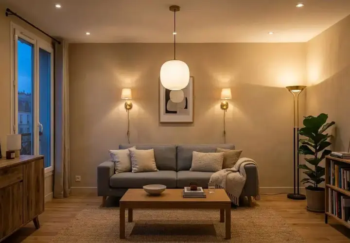 Une ampoule salon design éclaire ce salon cosy avec un canapé gris, une table basse en bois et une plante verte.