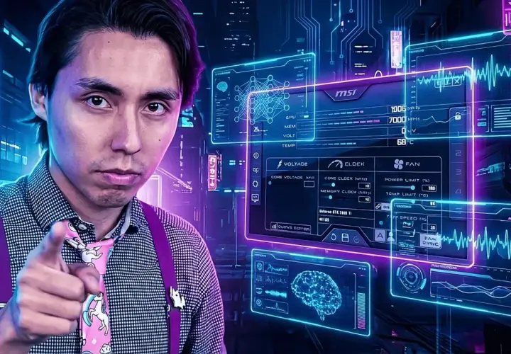 Hombre señala mientras se muestra la interfaz de MSI Afterburner con datos de GPU y un cerebro digital.
