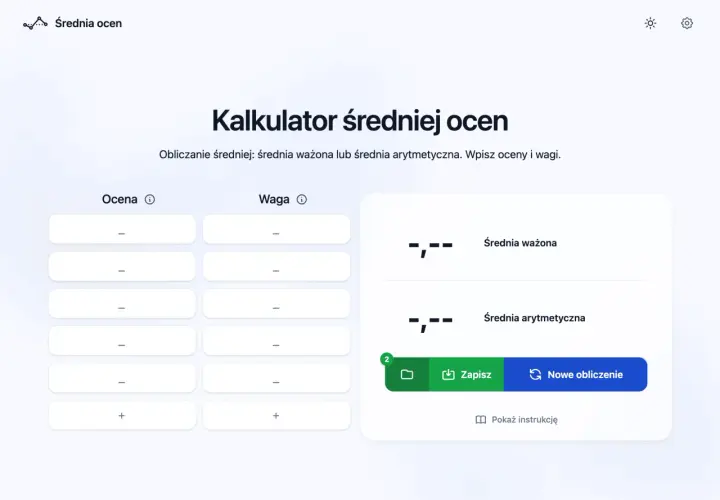 Kalkulator średniej ocen. Wpisz oceny i wagi, aby obliczyć średnią ważoną lub arytmetyczną.