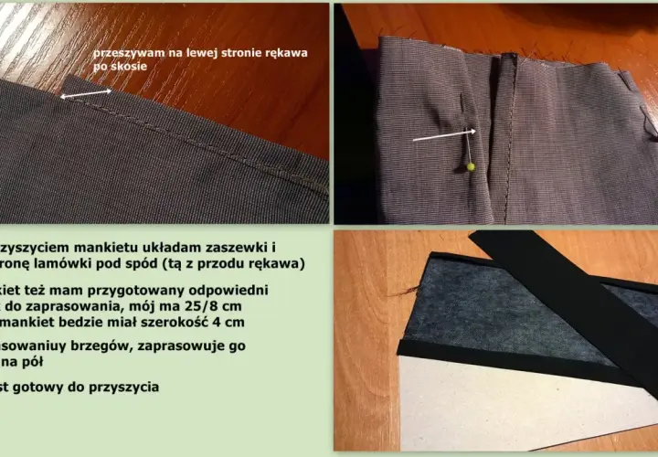 Szczegóły szycia koszul: przyszywanie mankietu, przygotowanie materiału i kartonik do zaprasowania.