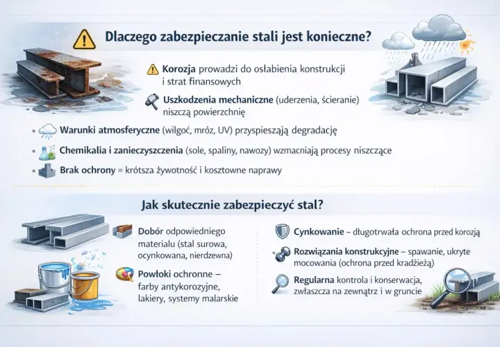 Ilustracja pokazuje metody ochrony stali przed korozją, w tym cynkowanie i powłoki ochronne. Zapobiega to uszkodzeniom i przedłuża żywotność konstrukcji.