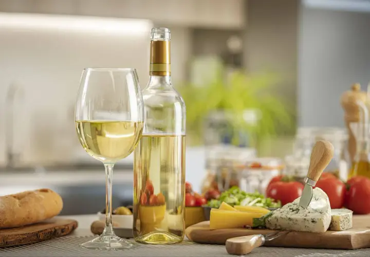 Verre et bouteille de vin blanc, pain, fromages et tomates. Parfait pour une recette avec vin blanc.