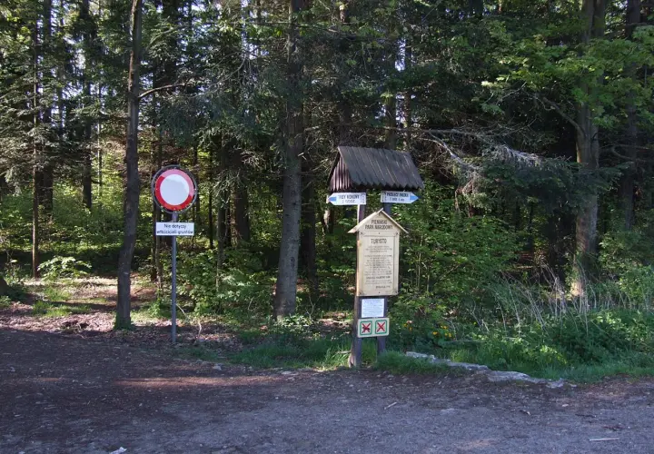Leśna ścieżka prowadzi do **przełęczy Osice**. Znaki turystyczne wskazują drogę, a tablica informuje o Pienińskim Parku Narodowym.