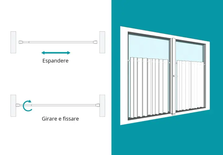 Istruzioni per il montaggio tende: espandere il bastone, girare e fissare. Tende bianche su finestra.