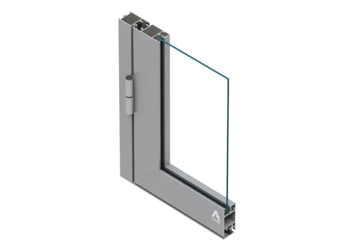 Przekrój okna Aluprof MB-45 z widocznym profilem aluminiowym, zawiasem i szybą.