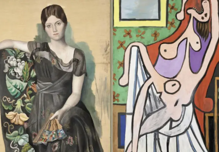 Dos cuadros de Picasso: una mujer elegante sentada y otra figura femenina abstracta.