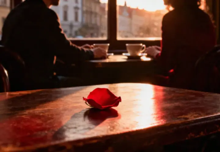 Romantyczny wieczór w kawiarni. Płatek róży na stole, para przy kawie. Tak można pokazać dziewczynie, że ją kocham.