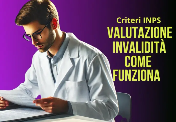 Medico con camice bianco esamina documenti, illustrando i criteri INPS per la valutazione dell'invalidità civile e come funziona.