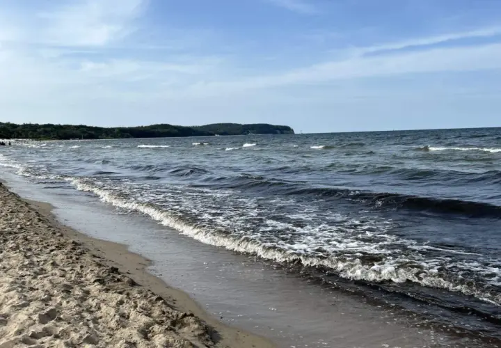 Piasek, fale i zieleń na horyzoncie – to piękne polskie morze.