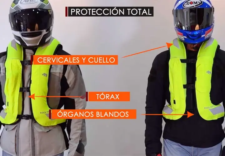 Dos motoristas con chalecos de protección total. El chaleco airbag para motoristas protege cervicales, cuello, tórax y órganos blandos.