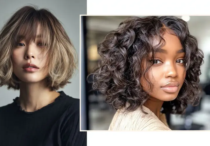 Dos estilos de cabello modernos, uno rubio con flequillo y otro moreno rizado, perfectos para cortes de pelo que rejuvenecen a los 50.