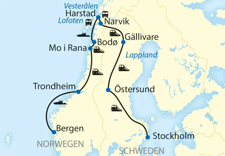 Karte zeigt eine Route durch Norwegen und Schweden, mit Zügen und Schiffen. Die schwedische Bahn verbindet Stockholm mit Östersund und Gällivare.