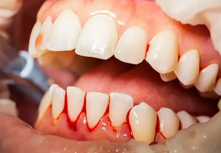 Encias inflamadas con sangrado alrededor de los dientes. Se observa un instrumento dental.
