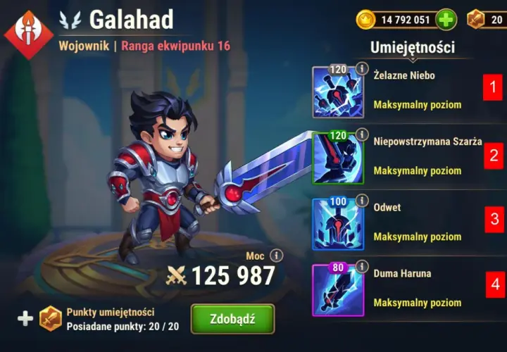 Galahad, wojownik z gry Hero Wars, w poradniku umiejętności. Jego moc to 125 987.