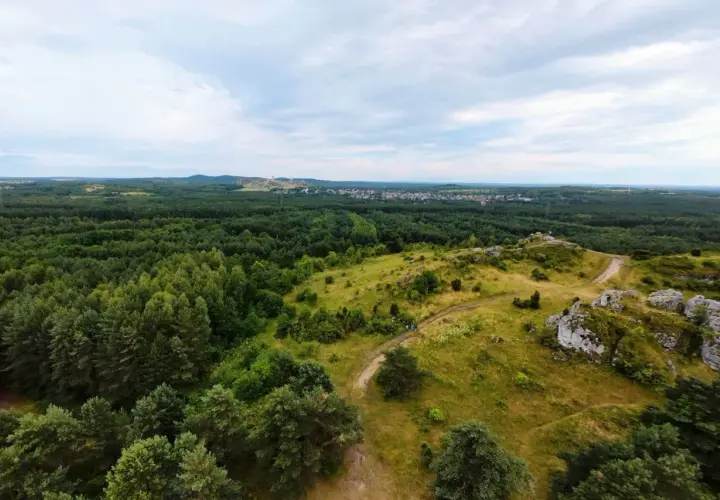 Krajobraz Jury Krakowsko-Częstochowskiej z wapiennymi ostańcami, zielonymi lasami i widoczną w oddali miejscowością.