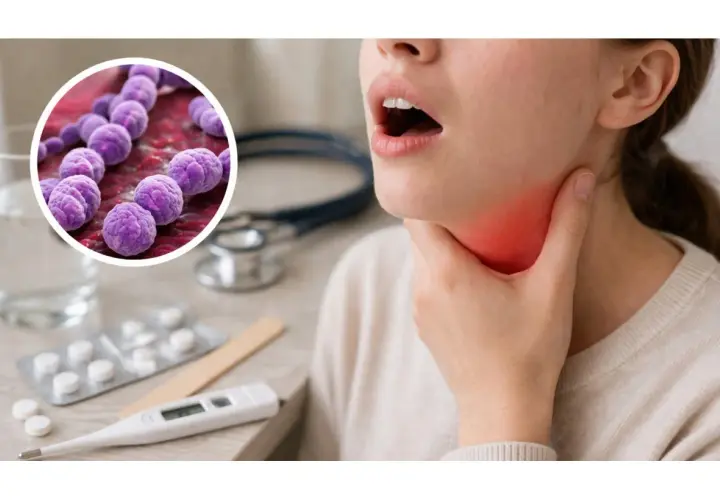 Ingrandimento di streptococchi viola, con una persona che si tocca la gola arrossata. Termometro e pillole suggeriscono i sintomi streptococco bambini.