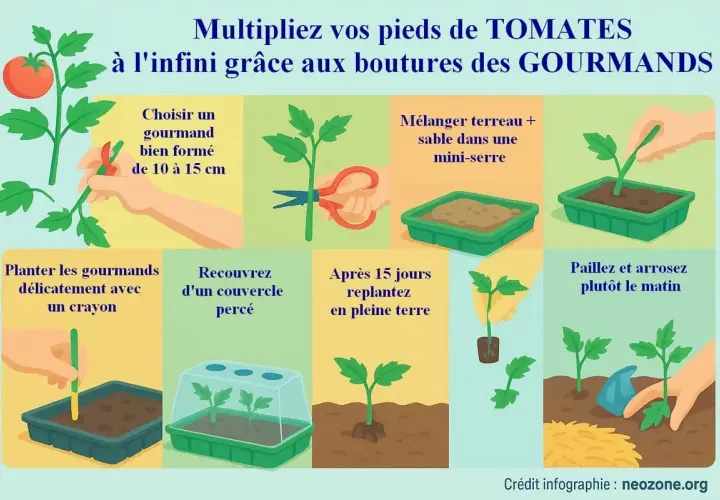 Guide illustré pour l'entretien pied de tomate : bouturage des gourmands, plantation et arrosage pour multiplier vos plants.